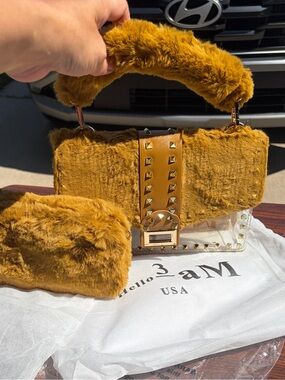 Hello 3AM Mustard Faux Fur Clear Studded Handbag Crossbody NWT